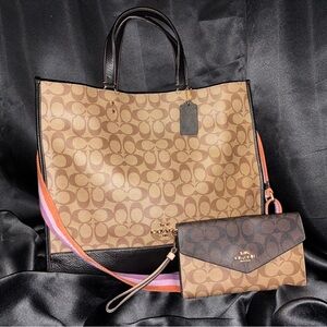 Coach Tan and Black Signature Tote with Wallet